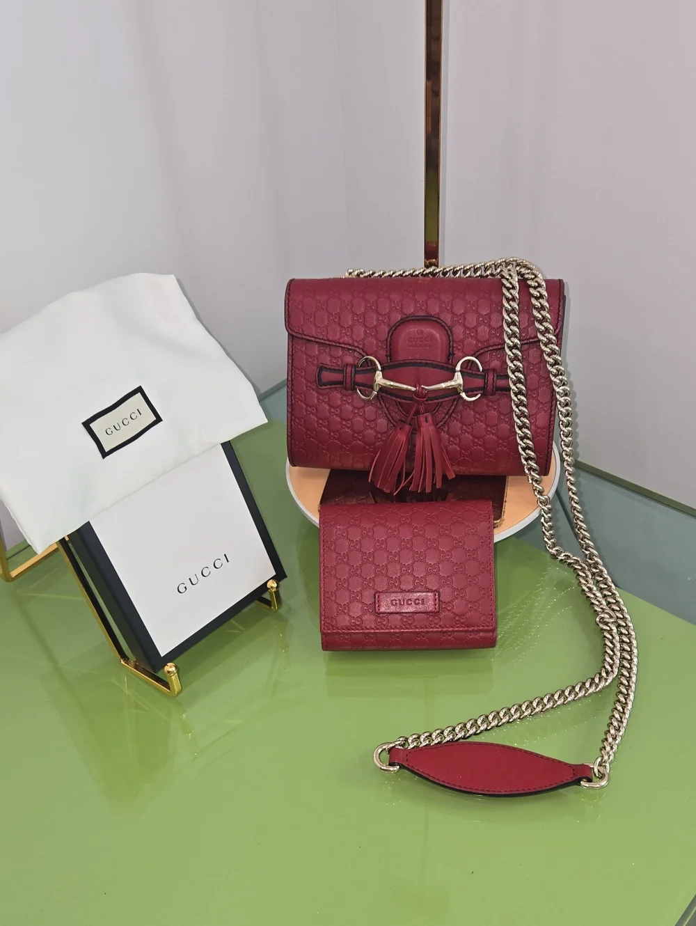Gucci Guccisima Burgundy Red Mini Shoulder Bag with Tassel and Wallet